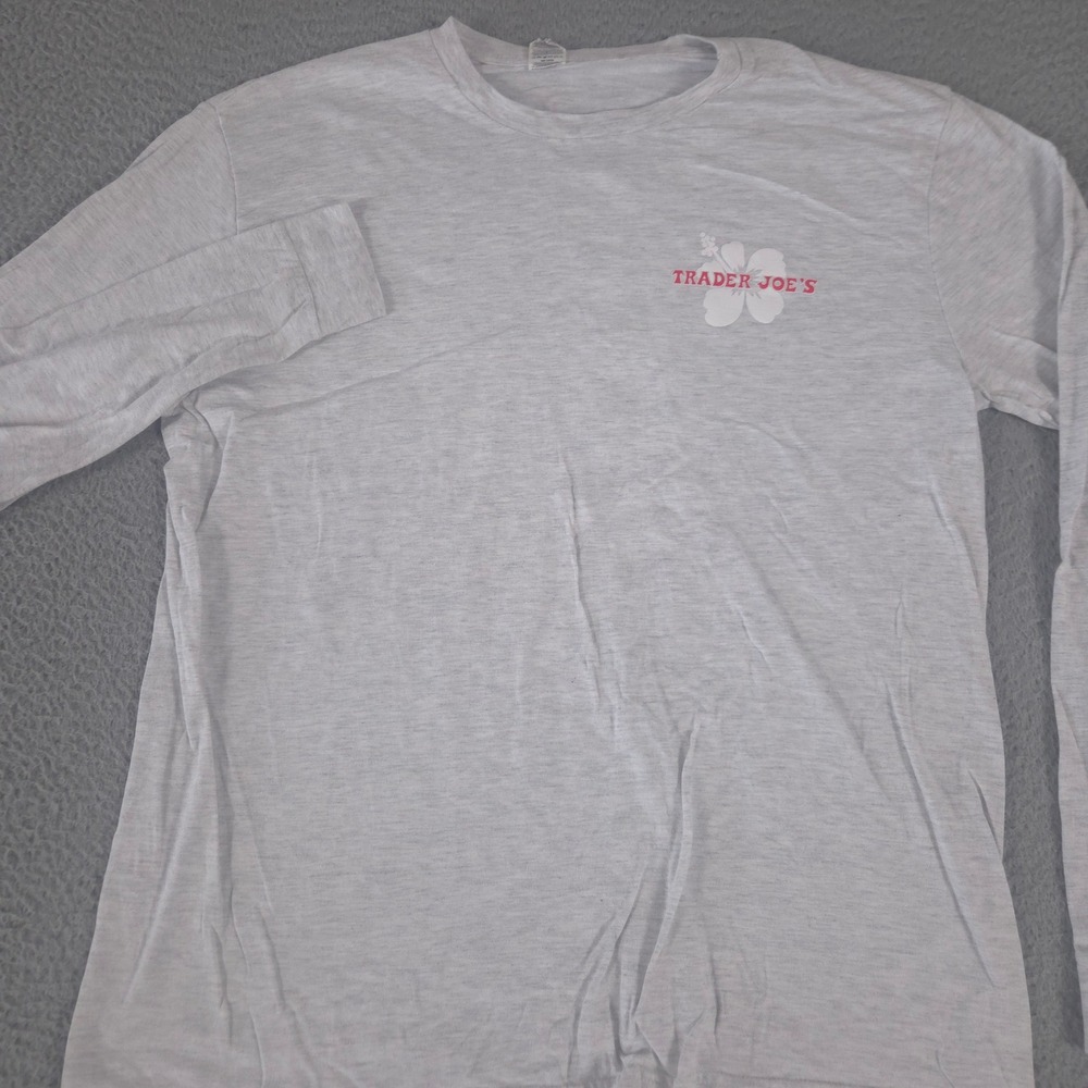 Trader Joe's Shirt Mens Large Gray Hibiscus Logo Graphic Long Sleeve Cotton‎ Mix